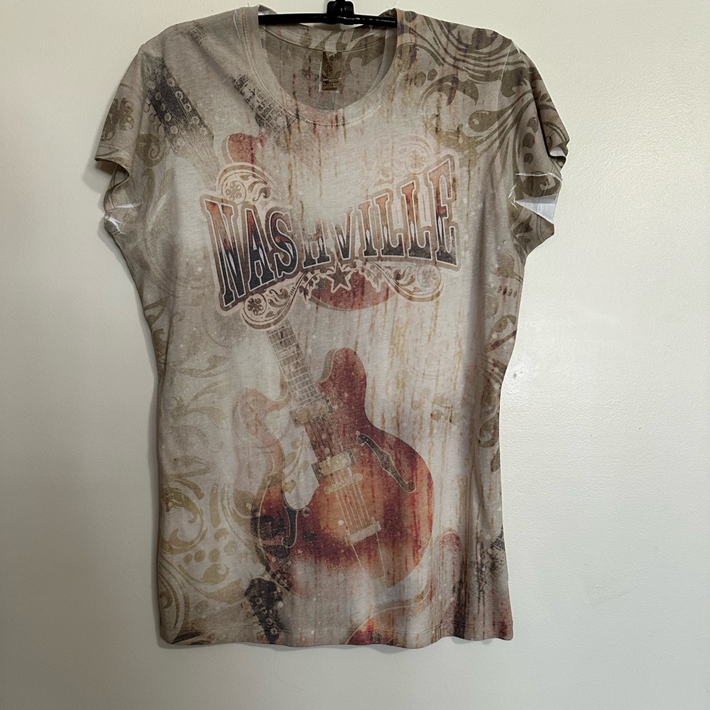 Pimatee by Pima Apparel Nashville Guitar Print T-Shirt, Women’s Size L NWT